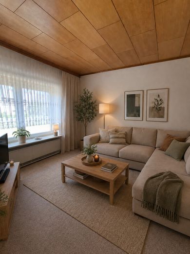 Charmantes Einfamilienhaus mit traumhaftem Südgarten, Wintergarten und Doppelgarage – Wohnzimmer EG KI