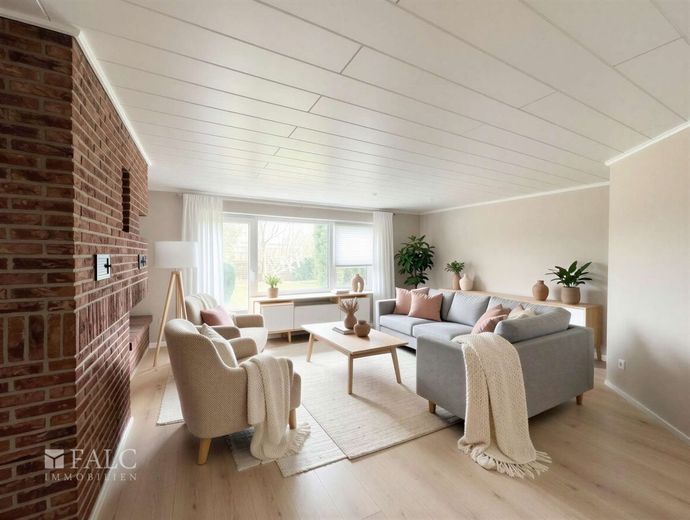 Nottuln nähe Münster - 5-Zimmer Doppelhaushälfte mit Garage, Garten und Keller – Wohnzimmer - (KI generiert)