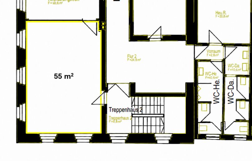 55 m² Gewerberaum – große Fenster & 3 m Raumhöhe – nur 275 € monatlich – Grundriss