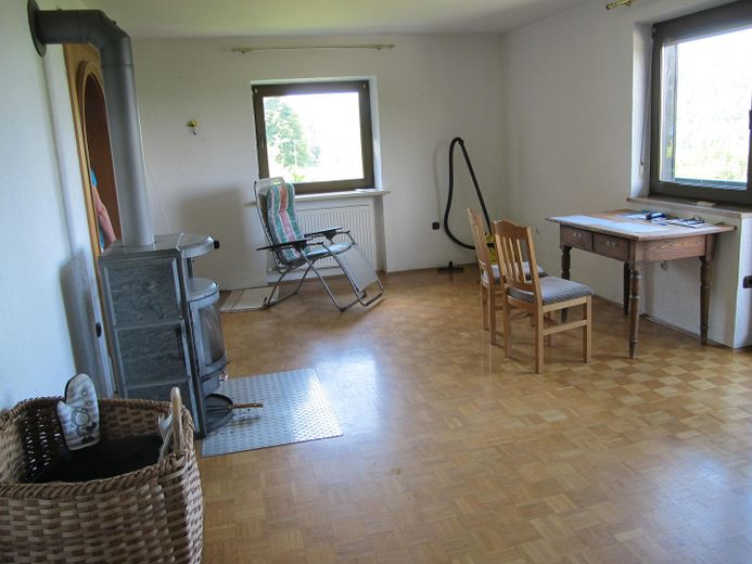 Sonniges Haus, 3 kpl. Wohnungen, Alleinlage, unverbaubarer Fernblick, Urlaubsregion Sonnenwald – Wohnzimmer mit Franklinofen