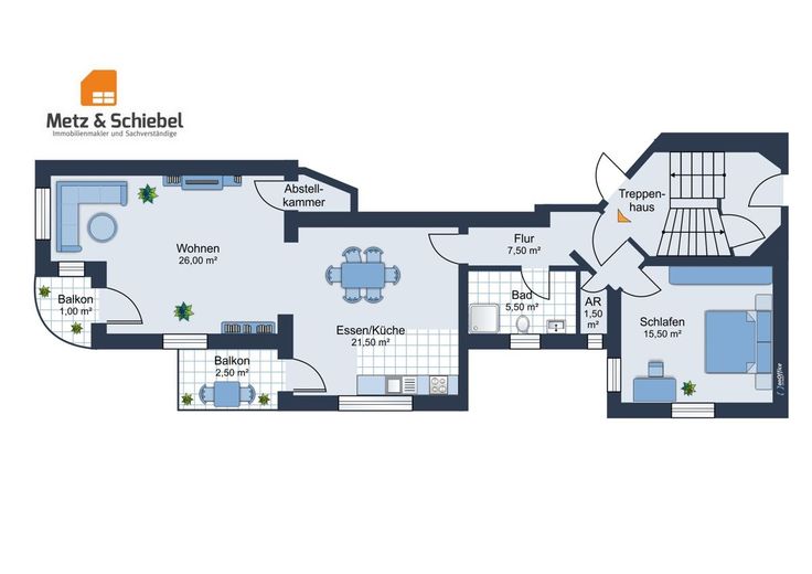 Home in the City, grüne Altbau-Oase in Wiesbaden! Kulturdenkmal-Villa, helle 2 Zi, 2 Balkone, 80 m² – Grundriss