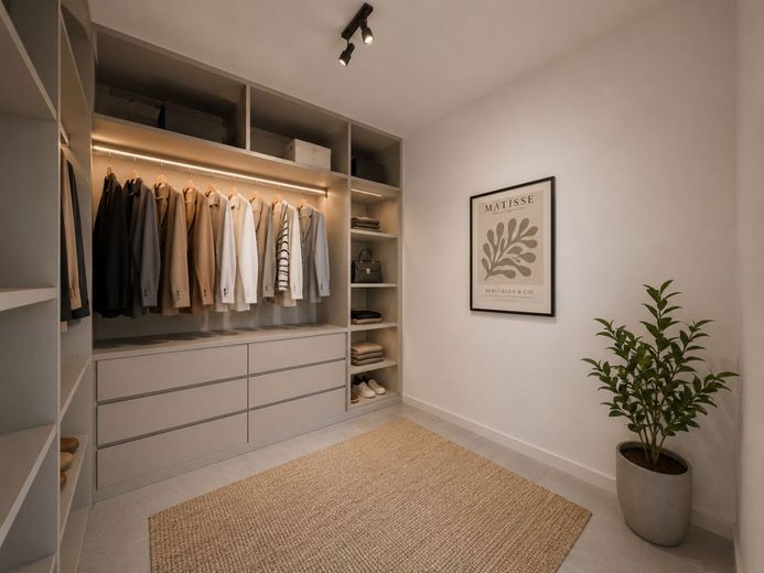 Neubau 2026: Exklusive DG-Wohnung mit 99 m² // 3,5 Zimmer // Loggia &amp; Aufzug in Glessen – KI: Komfortable Ankleide mit praktischer Eleganz (bpsh. visualisiert)