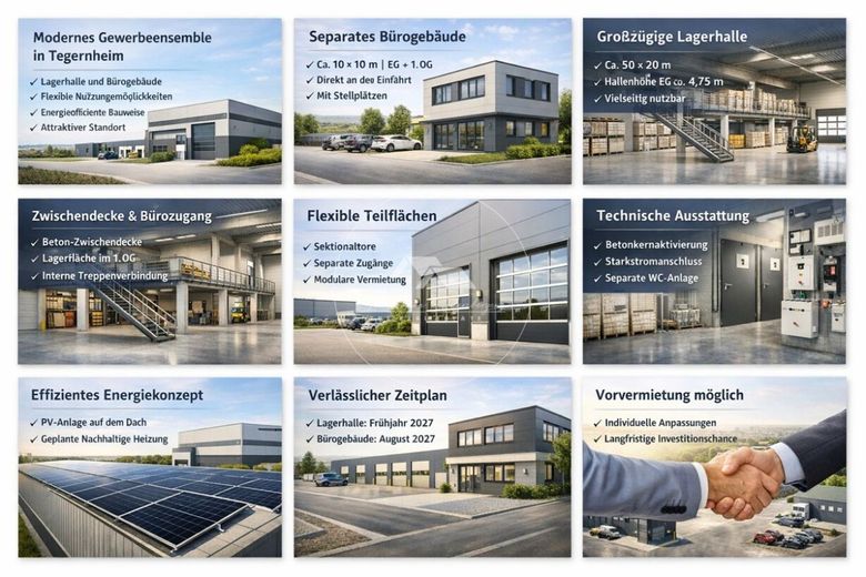 Unità moderna di magazzino e ufficio con suddivisione flessibile del capannone e impianto FV – Übersicht