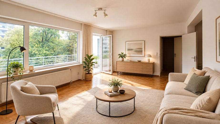 Appartement lumineux de 4,5 pièces avec grande loggia, 3e étage, accessible aux personnes à mobilité réduite – Wohnzimmer (KI Idee)