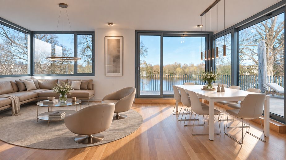 Vistas despejadas de 180° al Spree y vistas a zonas verdes - ático tipo maisonette en casa de tres viviendas – DG - Wohzimmer mit KI Möbeln