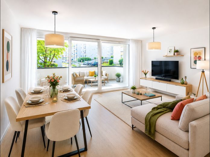 Kernsanierte 3-Zimmer-Wohnung mit Balkon in Ditzingen – Wohnzimmer KI