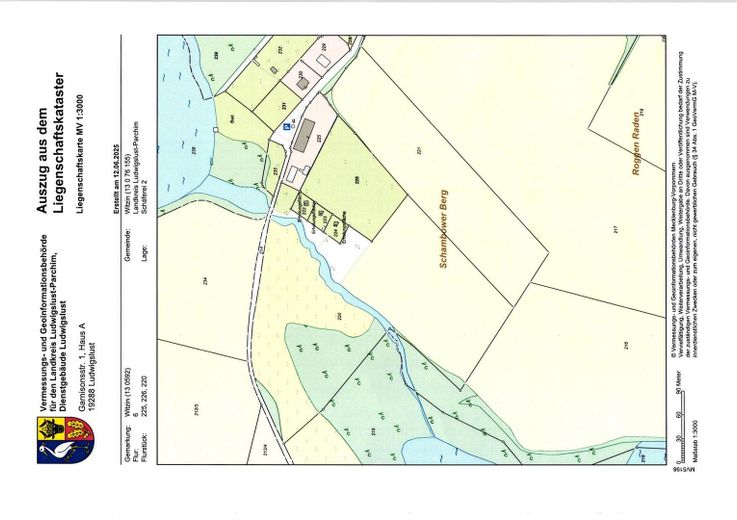 Landhaus unter Reet am See, Gästewohnung, Stallungen, Weiden und Wald. – Auszug Liegenschaftskataster