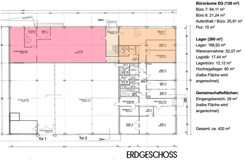 Pink = Lager, Orang=Büro EG