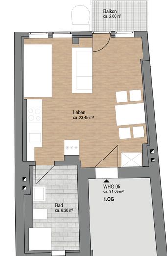 Exklusive 1-Zimmer-Wohnung mit Einbauküche und Balkon – Grundriss