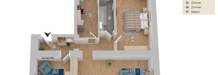 Provisionsfrei,renoviert,ruhig,95qm Wohnung 3,5 Zimmer+Küche mit EBK,Tageslichtbad,Südbalkon – Grundriss