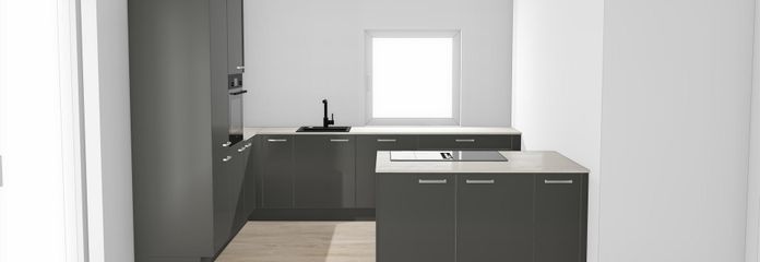 Primera ocupación: 2× vivienda de 3 habitaciones con isla de cocina – a elegir con jardín de 100 m² o balcón orientado al sur – Küchenansicht Wohnraum