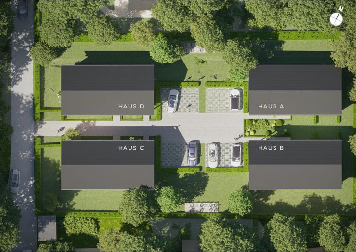 Ankommen & Wohlfühlen: Neubau-Erstbezug mit Balkon & Stellplatz – Hausbezeichnungen / Luftbild