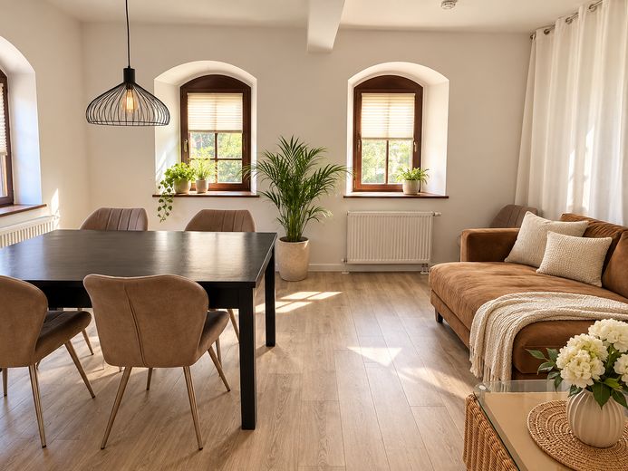 Idylisches Fachwerkhaus im Grünen mit eigenem Gartenanteil – Wohnzimmer