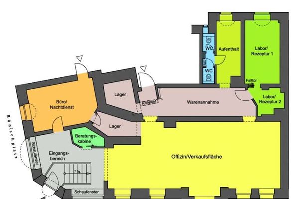 ¡Farmacia representativa con mobiliario en una llamativa casa de estilo modernista en Bönischplatz!