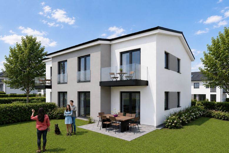 4 schlüsselfertige Eigentumswohnungen /62,88 m² Neubau / QNG/ Fotovoltaik – Außenansicht Visualisierung