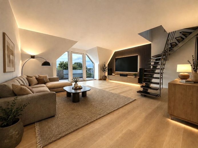 +++RESERVIERT+++ Maisonette-Wohnung mit großem Sonnenbalkon inkl. Tiefgarage in Oberhausen-Alsfeld – Wohnzimmer KI eingerichtet