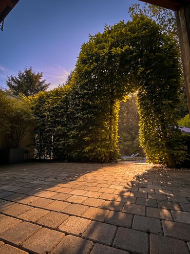 Architektur trifft Privatsphäre – besonderes Einfamilienhaus mit Pool, Sauna und Garten im Grünen – Hecke mit Gartenzugang