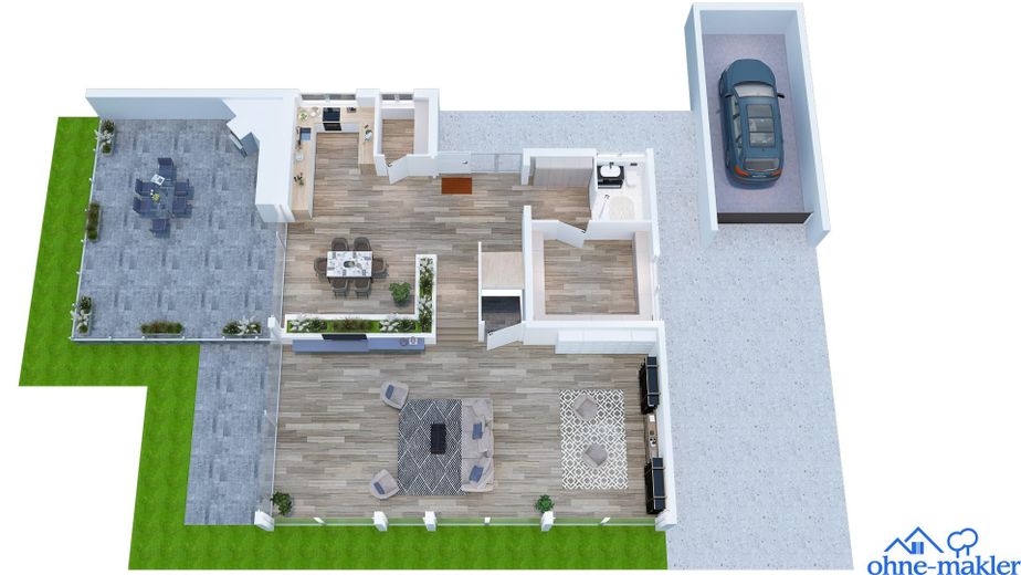 Attraktives Einfamilienhaus  mit grosszügiger Holzterrasse und Garten – 3D Grundriss EG   (Planung)