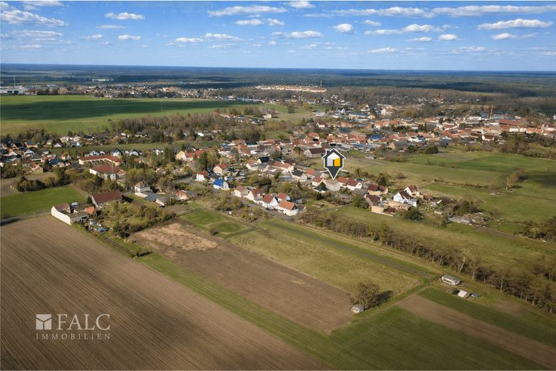 *Reserv.* Familienfreundliches Einfamilienhaus mit großem Grundstück und Doppelgarage – Luftaufnahme (fern)