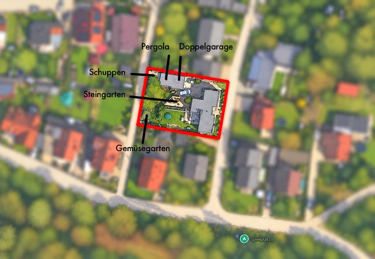 Architekten-Bungalow mit großem Grundstück und Baupotenzial – Luftbild Grundstück 