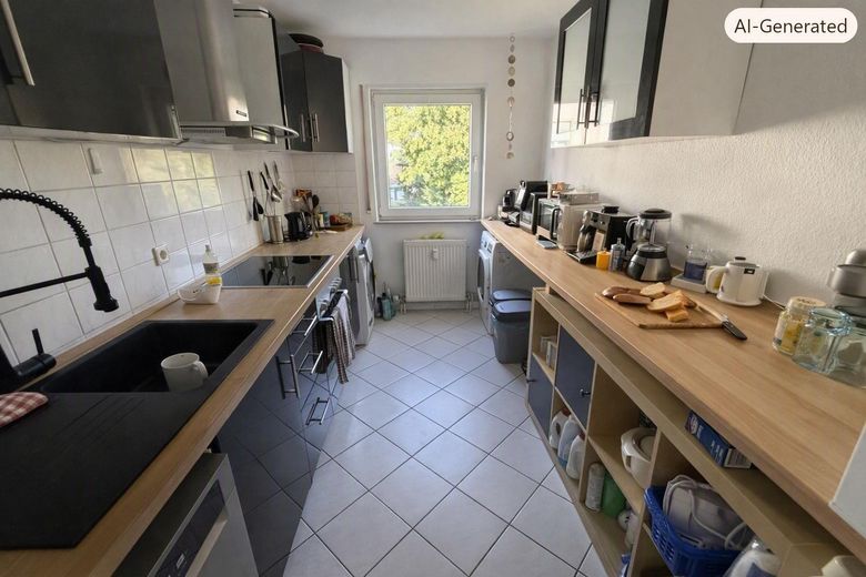 Pforzheim 2,5‑Zimmer Terrassenwohnung, TG‑Stellplatz, ruhige Lage Rodgebiet, sofort verfügbar – Küche mit KI leer aufgeräumt