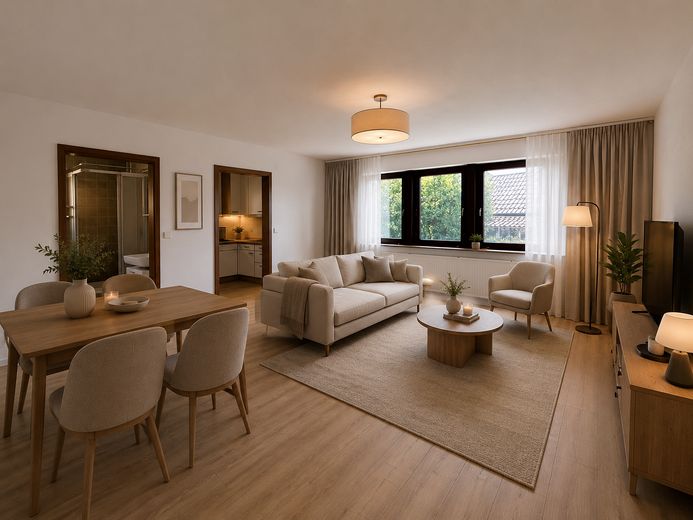 Erstbezug nach Renovierung: Gemütliche 2 Zimmer Wohnung mit eigenem Eingang und Garten in Gültlingen – Wohn-& Esszimmer_gestaged