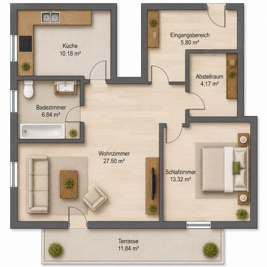 Helle 2-Raum Wohnung in ruhiger Lage mit Terrasse – Grundriss