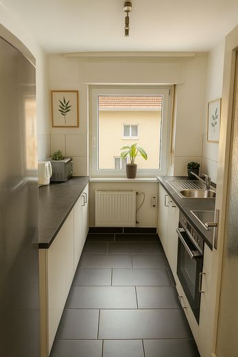 Appartamento ristrutturato con 2 locali, balcone e posto auto, arredamento opzionale – Küche
