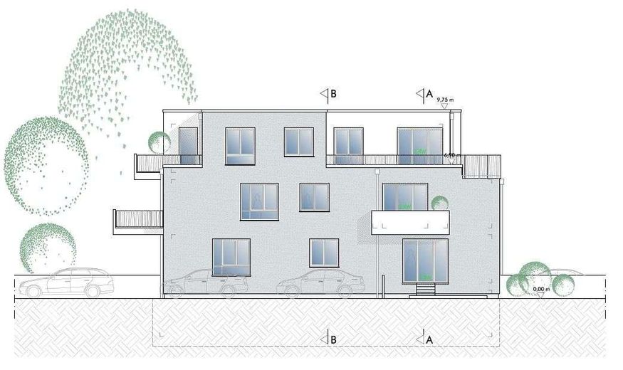 2 Zi.-Souterrain-Whg mit Gartenanteil / Grundriss variabel / mit Fahrstuhl – Ansicht Südost