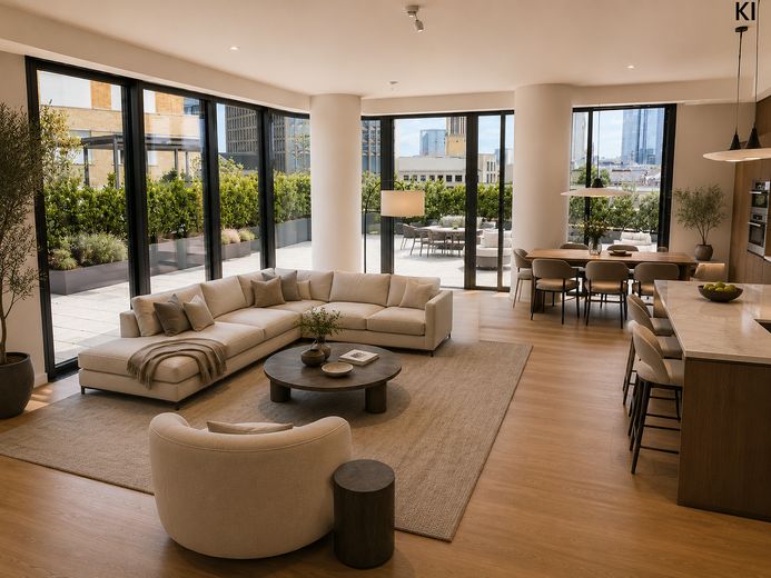 GRAND TOWER UNIEK | Het enige appartement met een privéterras van ca. 121 m² – Wohnzimmer mit Möbel KI