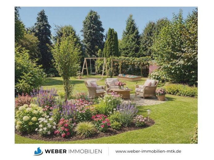 ZWEI Doppelhaushälften auf RIESIGEM SONNEN-Grundstück in ZENTRALER Lage – KI generiertes Gestaltungsbeispiel für den Garten, Haus 2