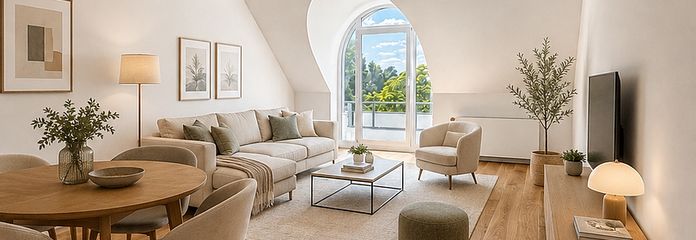 Stilvoll saniertes Dachgeschoss mit Rundbogen-Gauben und Balkon in Kirchrode – Wohnzimmer - Homestaging