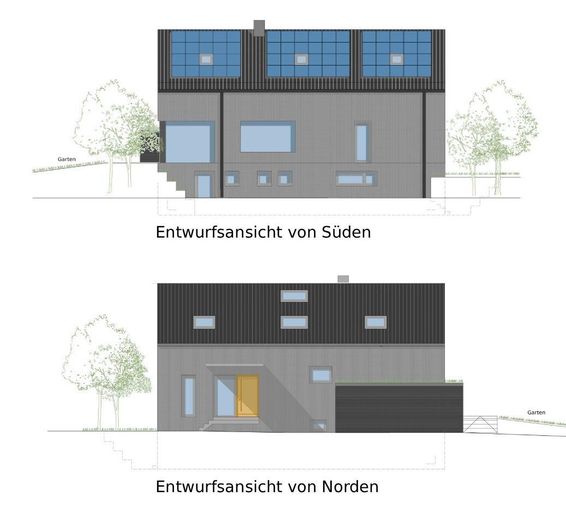 Provisionsfreies KFW55 Ausbauhaus: Architekten 2FH trifft auf 750m² Natur mit Gestaltungsmöglichkeit – Entwurfsansichten - Süd/Nord