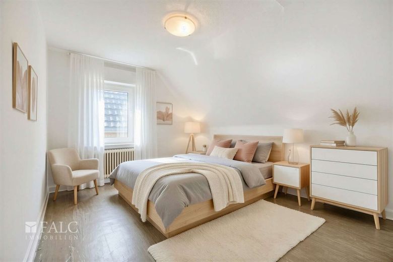 Charmantes sanierungsbedürftiges Einfamilienhaus mit Potenzial in ruhiger Lage von Worringen – Schlafzimmer - (KI generiert)
