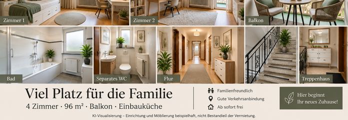 Plenty of space for the family – 4 rooms, 96 m², balcony & fitted kitchen