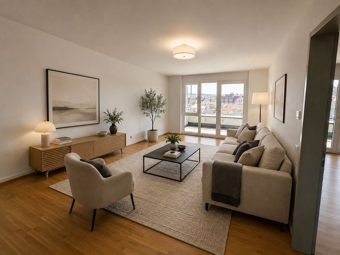 Attraktive 2-Zimmer-Wohnung – barrierefrei, mit Balkon, EBK und herrlicher Aussicht – Wohnzimmer