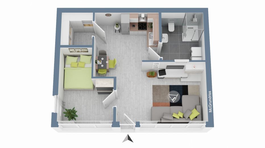 Gemütliche 2-Zimmer-Wohnung teilmöbliert mit Einbauküche und Klimaanlage barrierefrei – Grundriss 3D