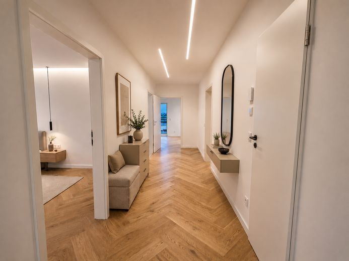 Exklusiver Wohntraum über Köln: Penthouse mit spektakulärer 97 m² Dachterrasse, Provisionsfrei – Diele (KI-möbliert)