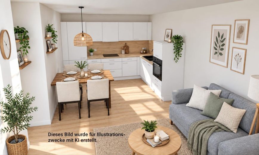 First Occupancy: Quiet 5-Room Apartment with 2 Bathrooms & South-Facing Balcony – Ideal for Families & Hamburg Commuters – Wohn, Essbereich mit der Küche