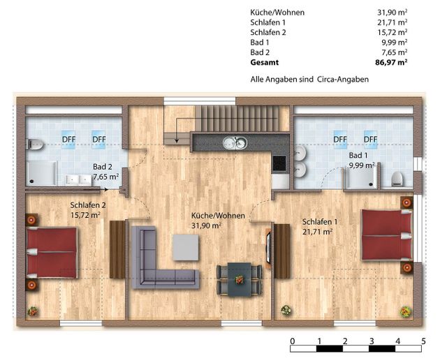 Erstbezug nach umfassender Sanierung – großzügige Dachgeschosswohnung in ruhiger Lage – Einrichtungsidee (Beispiel)