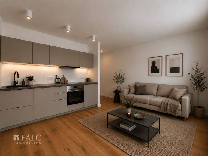 **Stilvoll wohnen in Berlin-Wilmersdorf mit Fahrstuhl**- FALC IMMOBILIEN – Offene Küche mit Wohnbereich Bsp.