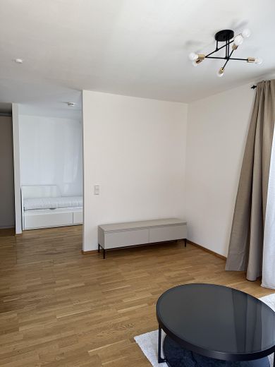 Moderne, vollmöblierte 1,5-Zimmer-Wohnung mit Stellplatz zu vermieten – ab sofort verfügbar – Wohnzimmer mit TV-Board
