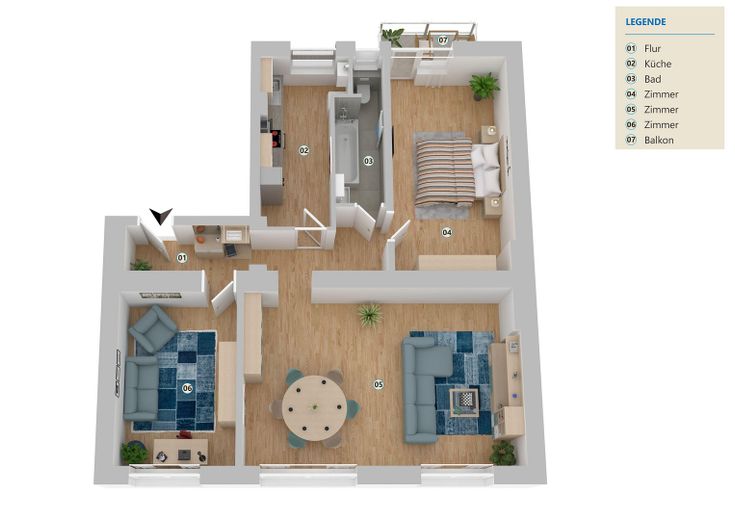 Provisionsfrei,renoviert,ruhig,95qm Wohnung 3,5 Zimmer+Küche mit EBK,Tageslichtbad,Südbalkon – Grundriss