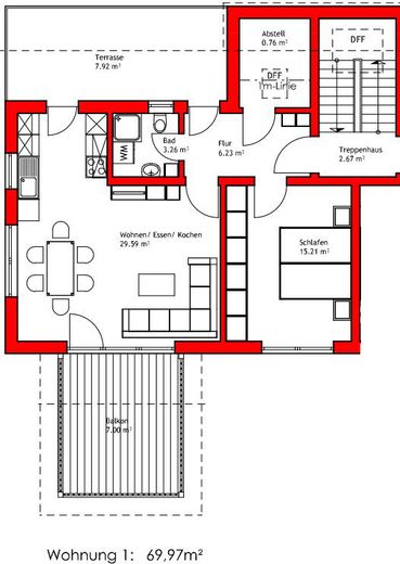 Lichtdurchflutete und neu gebaute 2-Zimmer Wohnung mit Terrasse und EBK, ohne Courtage - Nr. 15 – Grundriss