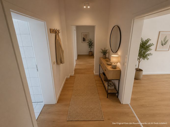 Zentrumsnahe, ruhige 2,5-Zimmer-Wohnung mit Balkon in Brühlervorstadt – Diele (AI Illustration)