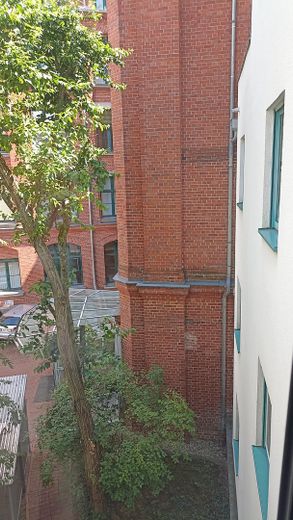 „Your morning coffee with river view – 3 rooms, loggia & unobstructed water location in Leipzig Plagwitz“ – Fenster zum begrünten Innenhof