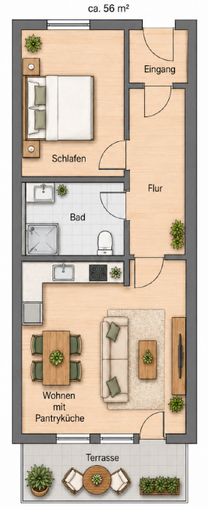 Gepflegte 2-Zimmer-Wohnung mit Südwest-Terrasse, separatem Aufgang und Tiefgaragenstellplatz – Skizze Grundriss