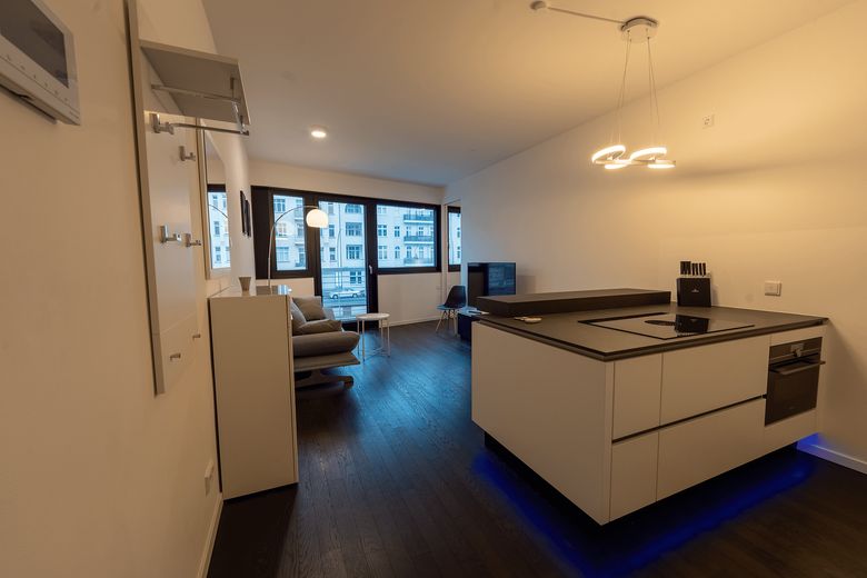 Luxuriöses Apartment an der Spree mit großer Sonnen-Dachterrasse – Wohnzimmer und Küche