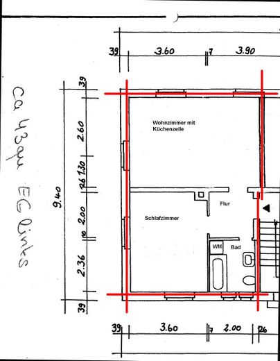 маленька, але затишна 2-кімнатна квартира площею 43 м², кухня, ванна кімната на першому поверсі – Grundriss