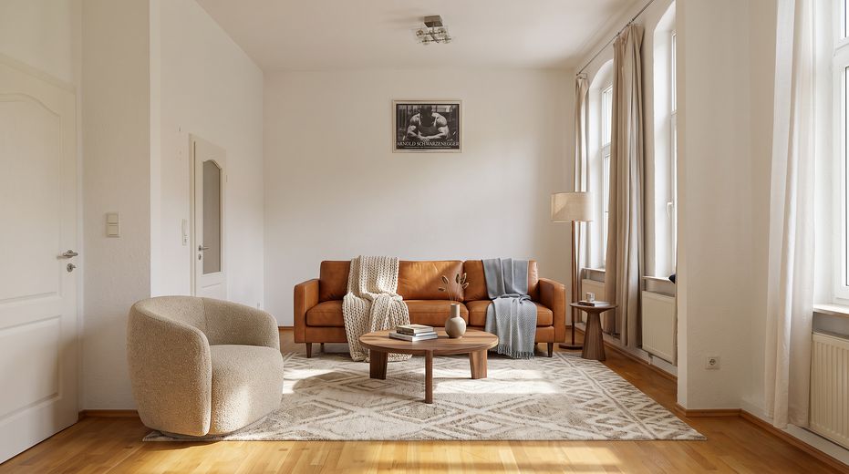 Charme historique. Confort de vie moderne. Un chez-soi avec du caractère. – Wohnzimmer möbliert (KI)